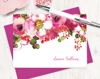 personalized stationery set - BLUSHING PINK WATERCOLOR Flowers - pretty stationary flower cards - folded note cards set of 8