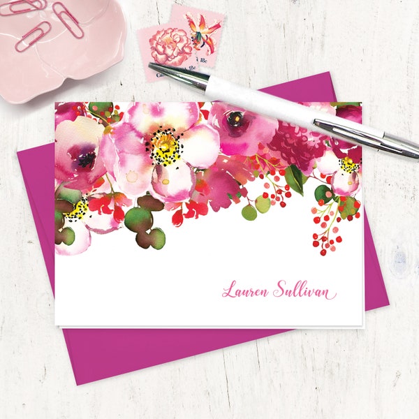 personalized stationery set - BLUSHING PINK WATERCOLOR Flowers - pretty stationary flower cards - folded note cards set of 8