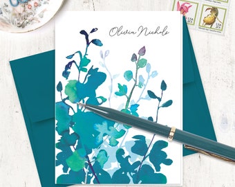 personalized stationery set - TEAL WATERCOLOR ORCHID - custom floral stationary teal flowers nature garden - folded note cards set of 8