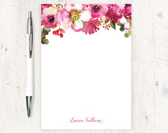 personalized notePAD - BLUSHING PINK WATERCOLOR Flowers - floral stationery feminine stationary pretty letter writing paper - 50 sheet pad