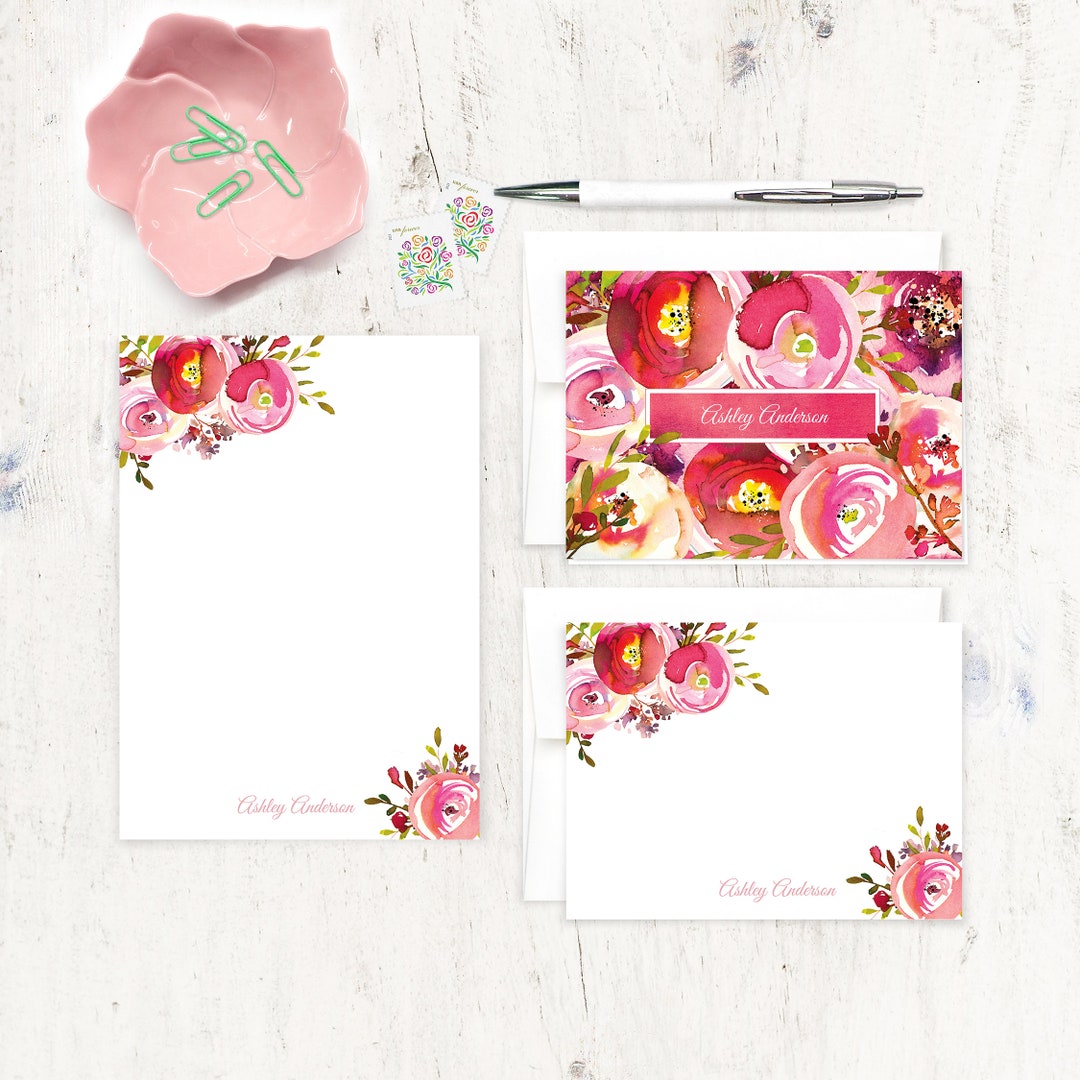 Complete Personalized Stationery Set - PINK PEONIES WATERCOLOR Flowers ...