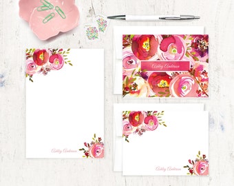 complete personalized stationery set - PINK PEONIES WATERCOLOR flowers - peony floral garden - note cards and notepad stationary set