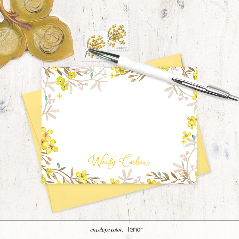 personalized note card set YELLOW FLOWER FIELDS pretty floral stationary botanical watercolor stationery flat note cards set of 12 Bild 3