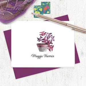 May include: A watercolour illustration of a potted plant with purple and pink leaves. The plant is in a white pot with a brown rim. The text "Maggie Harris" is written below the plant.