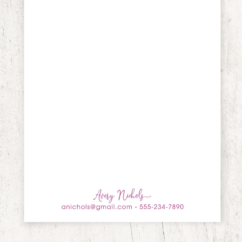 May include: A white card with a pink handwritten signature that reads "Avery Nichols" and contact information: "anichols@gmail.com  555-234-7890".