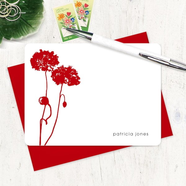 Juego de tarjetas de notas personalizadas - AMAPOLAS BOTÁNICAS - papelería moderna con motivos florales de amapolas y flores - juego de 12 tarjetas planas