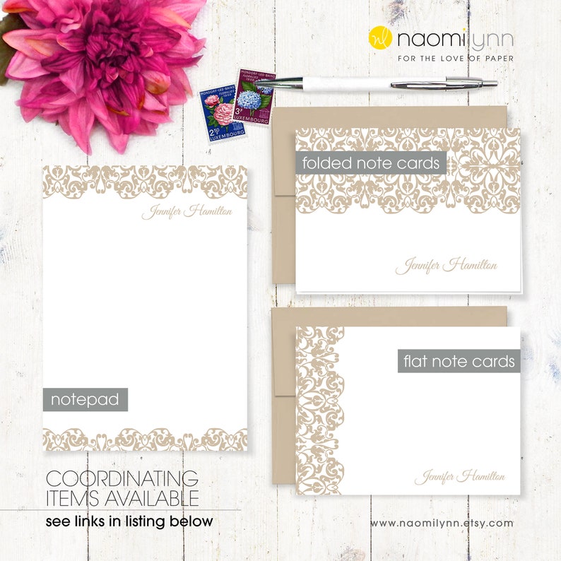 classic notecard set of 8 folded note cards personalized stationery set gift for her womens notecards LACY EDGE fancy stationary