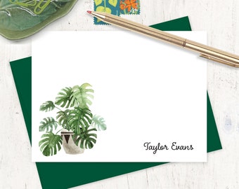 personalized note card set - Watercolor MONSTERA Houseplant in Boho Planter - stationery bohemian stationary nature - flat cards set of 12