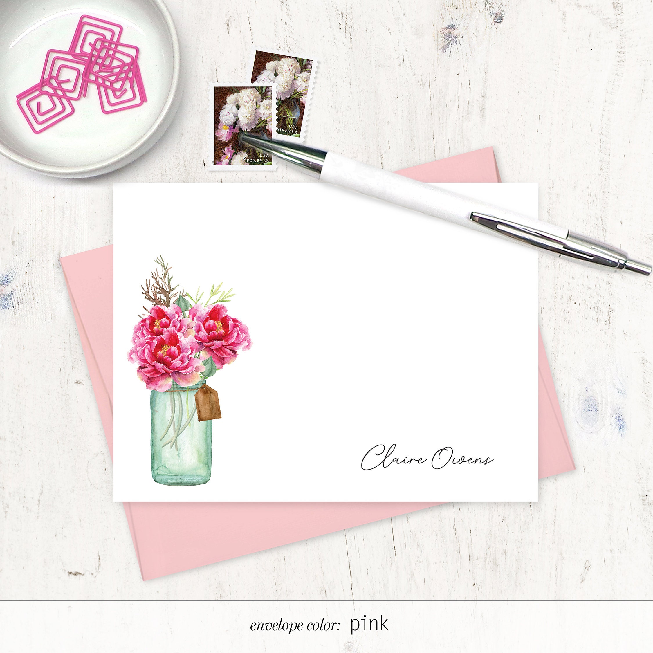 Personalized Note Card Set - WATERCOLOR PEONIES in JAR - Floral Peony ...