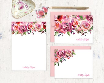 complete personalized stationery set - PINK WATERCOLOR ROSES - flowers stationary gift set - note cards and notepad stationary set