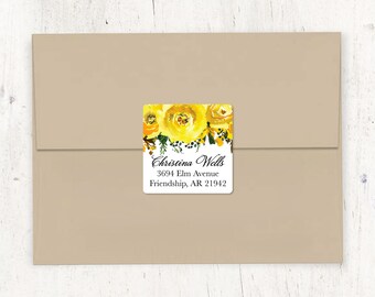 personalized return address LABEL - SUNNY YELLOW Watercolor Roses - sticker square label custom - set of 48 labels