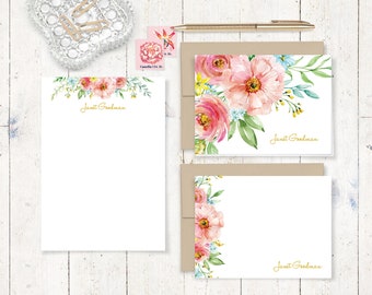 complete personalized stationery set - PASTEL WATERCOLOR FLOWERS - womens gift set nature lover - note cards and notepad stationary set