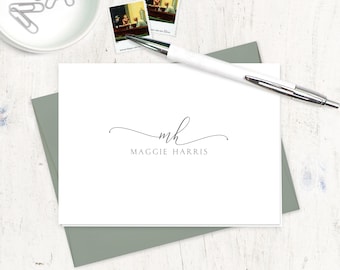 personalized stationery set - EXQUISITE SCRIPT MONOGRAM - monogrammed stationary modern classy cards - folded note cards set of 8