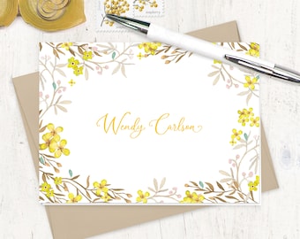 personalized stationery set - YELLOW FLOWER FIELDS - garden lover stationary watercolor pretty botanical floral - folded note cards set of 8