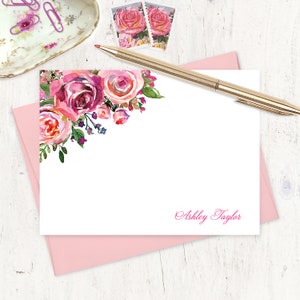 personalized note card set - PINK WATERCOLOR ROSES - pretty custom gift set flowers stationery garden stationary - flat note cards set of 12