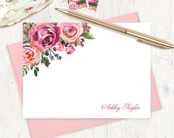 personalized note card set - PINK WATERCOLOR ROSES - pretty custom gift set flowers stationery garden stationary - flat note cards set of 12