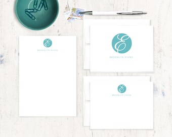complete personalized stationery set - ROUND SCRIPT MONOGRAM - personalized monogrammed stationary - note cards - notepad