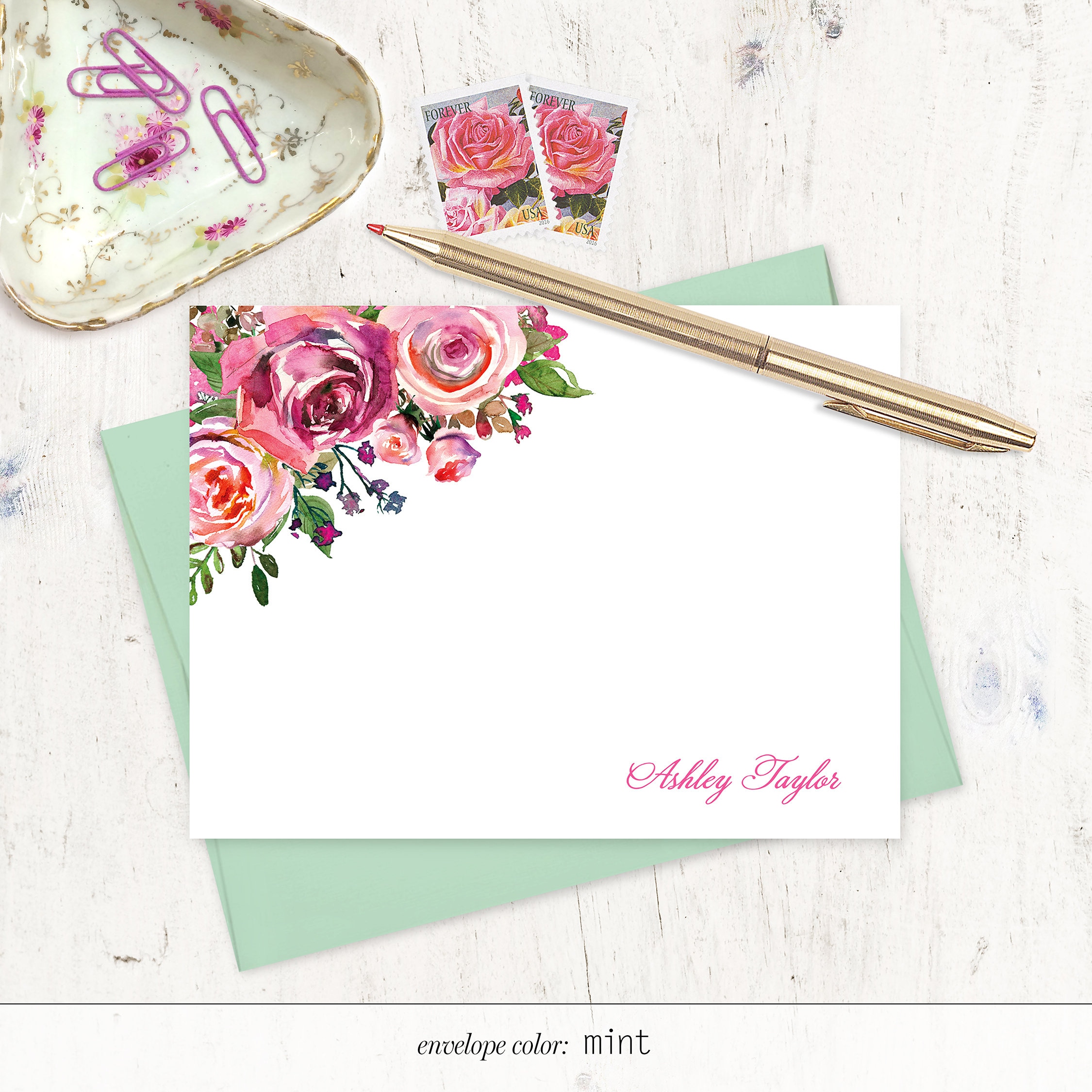 Personalized Note Card Set - PINK WATERCOLOR ROSES - Pretty Custom Gift ...