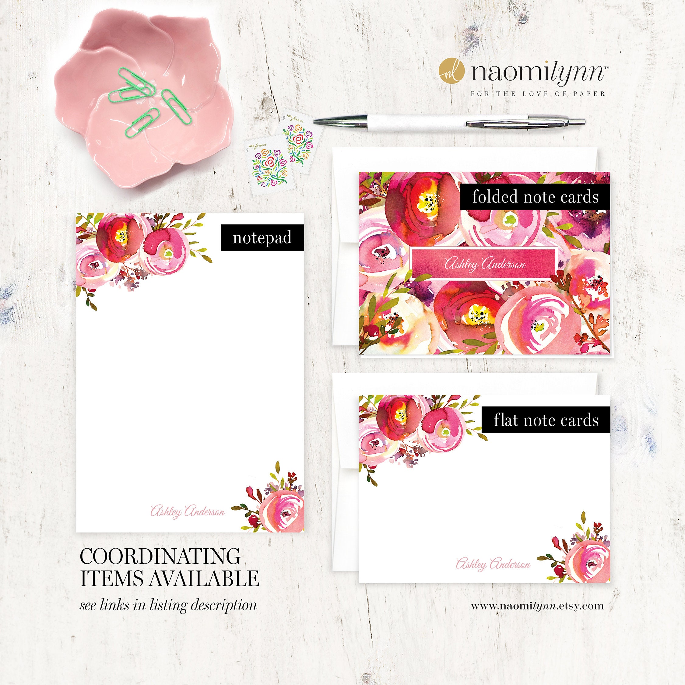 Personalized Notepad - PINK PEONIES WATERCOLOR Flowers - Botanical ...