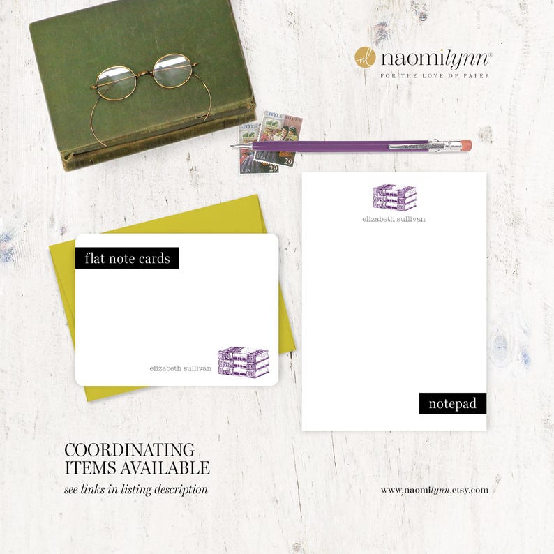 May include: A set of stationery featuring a stack of books illustration. The set includes flat note cards and a notepad. The note cards and notepad are white with a purple border. The illustration is in purple and is centered on the note cards and notepad. The text "elizabeth sullivan" is printed in purple below the illustration. The text "flat note cards" is printed in black at the top of the note cards. The text "notepad" is printed in black at the bottom of the notepad. The text "COORDINATING ITEMS AVAILABLE see links in listing description" is printed in black at the bottom of the image. The text "www.naomilynn.etsy.com" is printed in black at the bottom of the image.