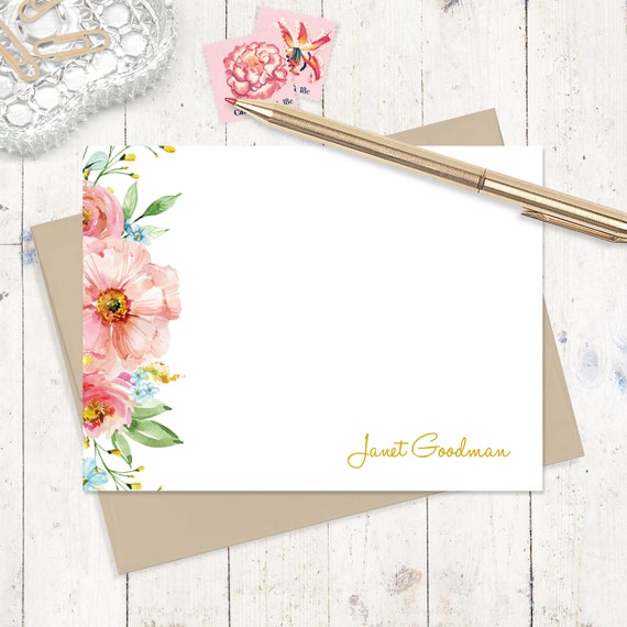 Personalized Womens Stationary With Flowers, Floral Stationery Set