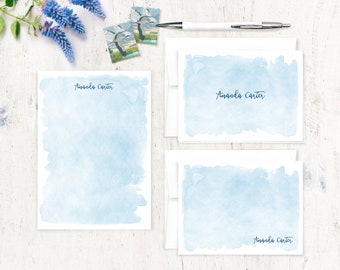 complete personalized stationery set - BLUE WATERCOLOR WASH - custom stationary masculine boy - note cards and notepad stationary gift set