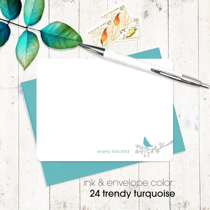 personalized note card set MODERN BIRD on BRANCH nature lover stationary simple stationery for her gift set flat cards set of 12 image 2