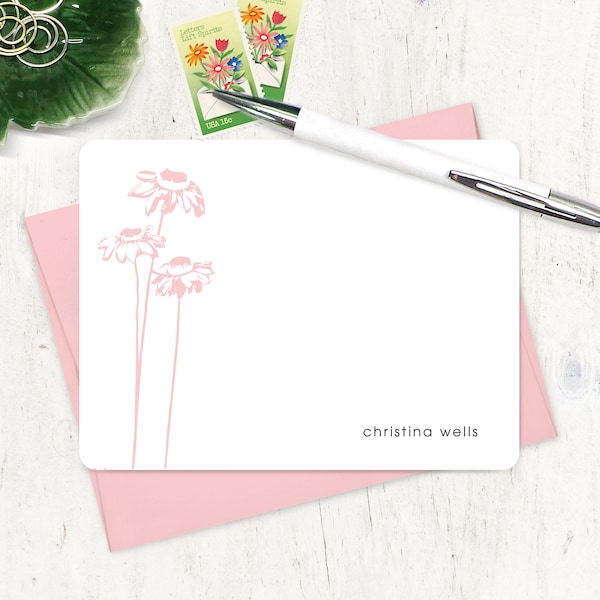 personalized note card set - CONEFLOWER - modern floral stationary nature botanical silhouette stationery flowers - flat cards set of 12