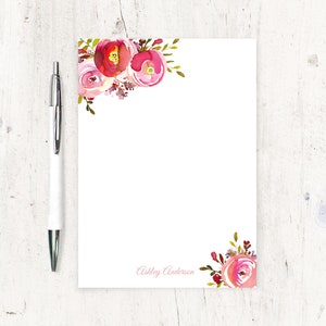 personalized notePAD - PINK PEONIES WATERCOLOR flowers - botanical stationary floral stationery pretty letter writing paper - 50 sheet pad