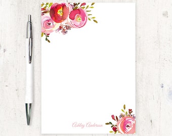 personalized notePAD - PINK PEONIES WATERCOLOR flowers - botanical stationary floral stationery pretty letter writing paper - 50 sheet pad