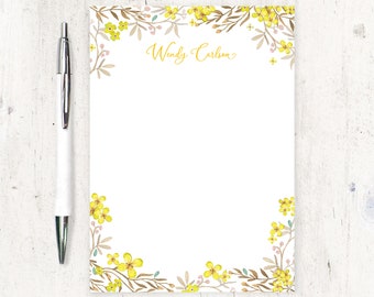 personalized notePAD - YELLOW FLOWER FIELDS - garden stationery watercolor stationary pretty letter writing paper nature - 50 sheet pad