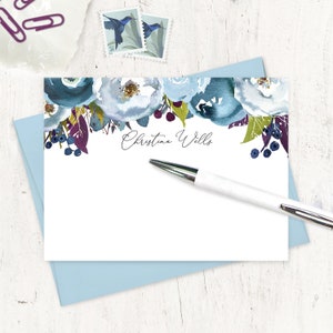 personalized note card set - BLUE and AUBERGINE WATERCOLOR Flowers - pretty stationery floral stationary gift - flat note cards set of 12