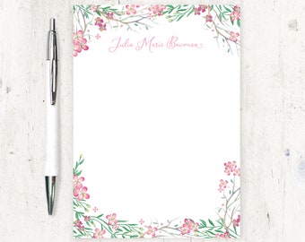 personalized notePAD - PINK FLOWER FIELDS - watercolor stationary garden stationery pretty floral pad letter writing paper - 50 sheet pad