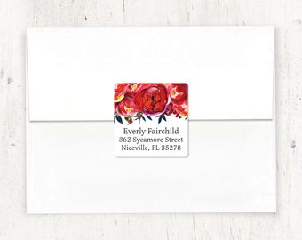 personalized return address LABEL - CRIMSON and NAVY Watercolor Flowers - custom sticker square label - set of 48 labels