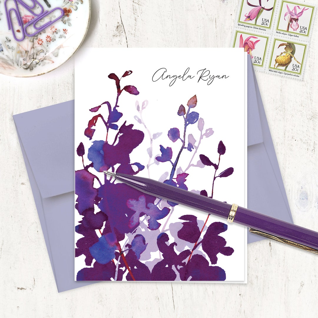 Personalized Stationery Set - PURPLE WATERCOLOR ORCHID - Floral Custom ...