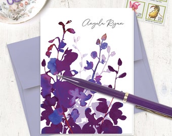 personalized stationery set - PURPLE WATERCOLOR ORCHID - floral custom stationary gift for her choose envelope - folded note cards set of 8