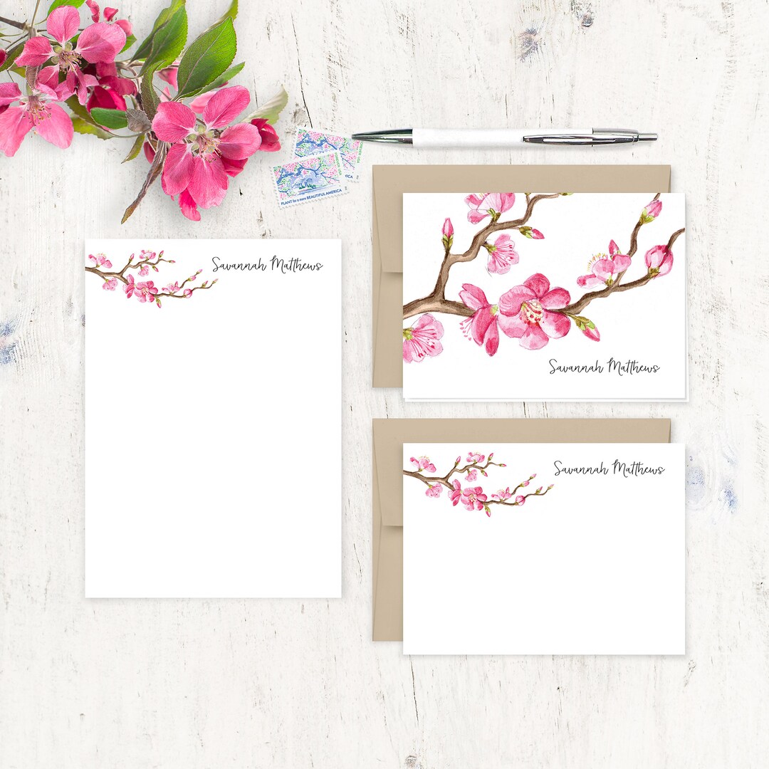 Complete Personalized Stationery Set - CHERRY BLOSSOM WATERCOLOR Flower ...