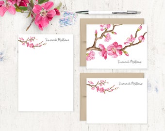complete personalized stationery set - CHERRY BLOSSOM WATERCOLOR flower branch - stationary set - folded and flat note cards - notepad