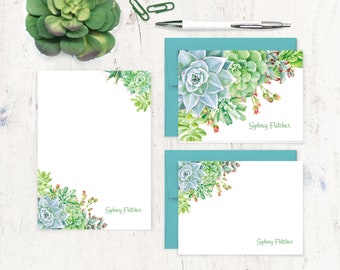 complete personalized stationery set - SUCCULENT GARDEN WATERCOLOR Flowers - floral stationary - folded/flat cards and notepad gift set