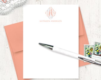 personalized note card set - LOVELY SCROLL MONOGRAM - monogrammed stationery pretty stationary custom feminine - flat note cards set of 12