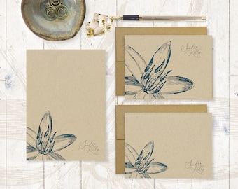 complete personalized stationery set - GARDEN LILY flower bloom - kraft stationary - folded note cards - flat cards - notepad - floral