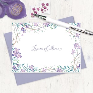 personalized stationery set - PURPLE FLOWER FIELDS - watercolor stationary garden lover floral nature pretty - folded note cards set of 8