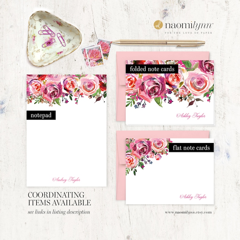 Personalized Note Card Set - PINK WATERCOLOR ROSES - Pretty Custom Gift ...