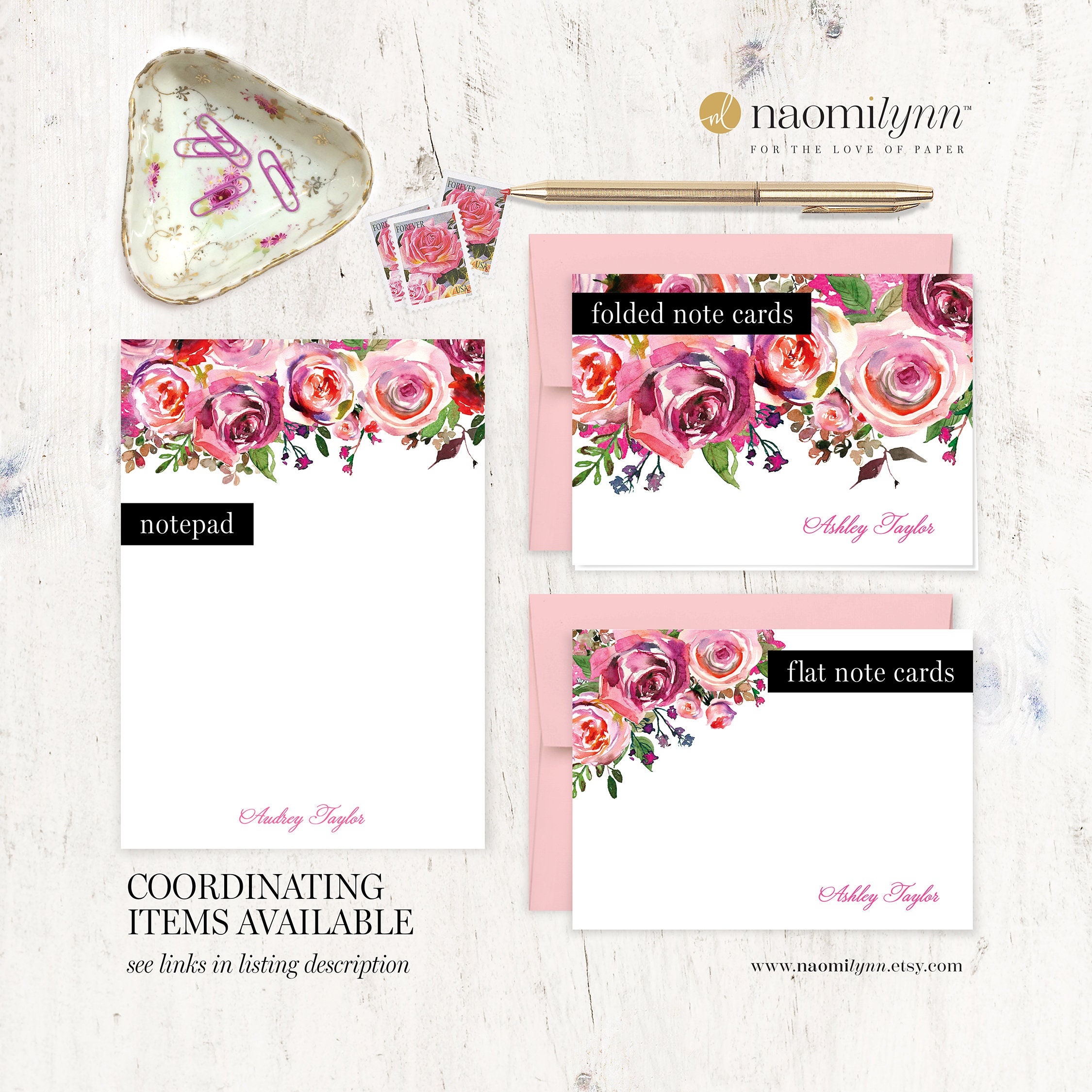 Personalized Note Card Set - PINK WATERCOLOR ROSES - Pretty Custom Gift ...