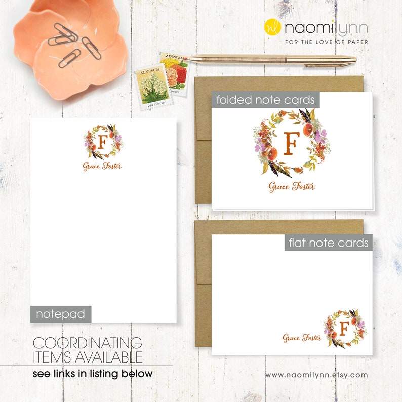 AUTUMN GARDEN Watercolor Floral Wreath MONOGRAM set of 8 folded cards personalized stationery set fall wreath cards stationary