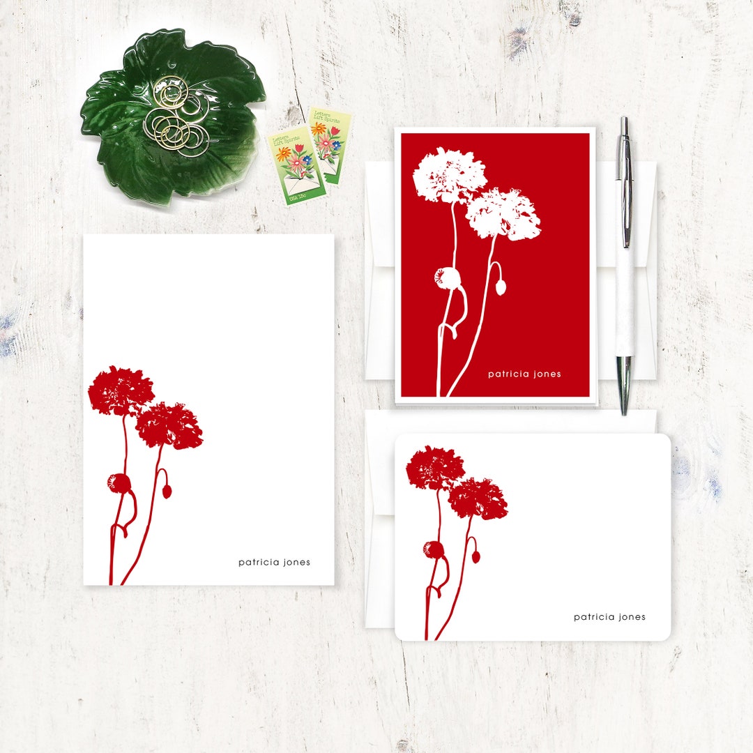 Personalized Stationery Set - BOTANICAL POPPIES - Notepad and Note Card ...
