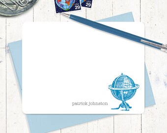 personalized note card set - VINTAGE GLOBE - world traveler stationary stationery travel notecards - flat note cards set of 12