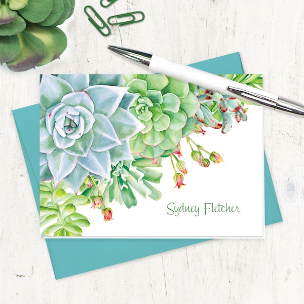 personalized stationery set - SUCCULENT GARDEN WATERCOLOR Flowers - floral stationary pretty botanical green - folded note cards set of 8