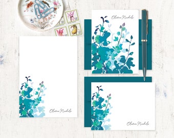 complete personalized stationery set - TEAL WATERCOLOR ORCHID - pretty flowers garden modern - note cards and notepad stationary set