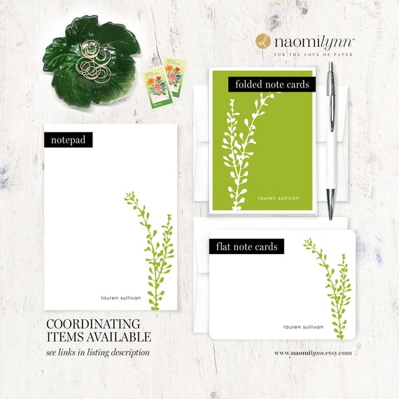 Personalized Script Floral Greenery Stationery Cards Set, Flat